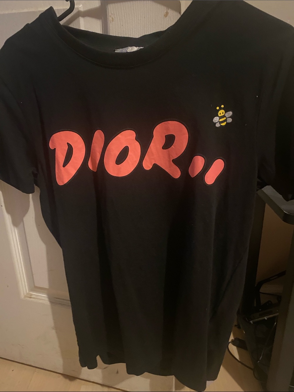 Dior Black Tee with Coral Logo and Yellow Bee Motif